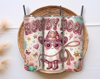 Howdy Boo 20oz Tumbler Wrap PNG, Cowgirl Ghost Sublimation Design, Pink Western Halloween Skinny Tumbler Digital Download