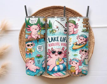 Axolotl Lake Life 20oz Skinny Tumbler Wrap PNG, Cute Summer Fishing Sublimation, Lake Days Kayak Digital Download