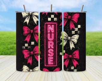 Nurse Tumbler Wrap PNG  RN Nurse 20oz Skinny Sublimation Design  Pink Coquette Bow Nursing Tumbler Digital Download Gift