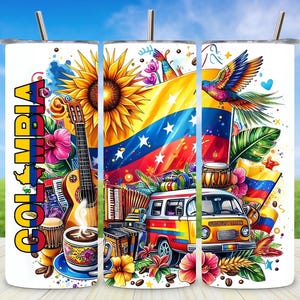 May include: A white tumbler with a vibrant design featuring the word "COLOMBIA" in yellow, a sunflower, a flag, a bird, a van, and musical instruments. The design incorporates bright colors and floral elements, evoking a sense of travel and culture.