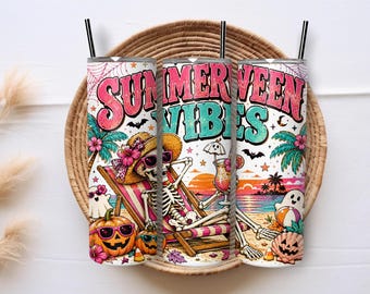 Summer Halloween Skeleton Tumbler Wrap PNG, 20 oz Skinny Tumbler Sublimation Design, Beach Skull Digital Download, Tropical Ghost Art
