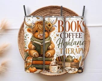 Highland Cow Reading 20oz Skinny Tumbler Sublimation PNG Wrap,Books Coffee Cozy Cottagecore Design Digital Download