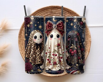 Ghost Trio 20oz Tumbler Wrap PNG, Gothic Halloween Sublimation Design, Floral Ghost Skinny Tumbler Digital Download