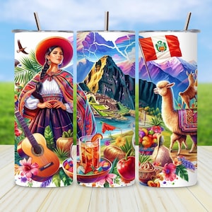 May include: Three white stainless steel tumblers with Peruvian-themed designs. One features a woman in traditional attire, a guitar, and flowers. Another shows Machu Picchu. The last depicts llamas, the Peruvian flag, and mountains.
