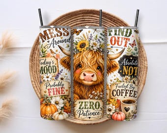 Sassy Highland Cow Zero Patience 20oz Skinny Tumbler Sublimation PNG Wrap, Funny Coffee Mom Quote Design, Digital Download