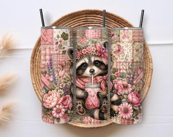 Breast Cancer Raccoon 20oz Skinny Tumbler Wrap PNG, Pink Ribbon Floral Patchwork Sublimation, Cute Awareness Digital Download