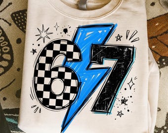 67 Birthday PNG Lightning Bolt Graphic, 67th Birthday Shirt Design, Trendy Bday Party PNG, Retro Number 67 Digital Download