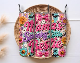 Mama's Spooky Little Bestie 20oz Skinny Tumbler Sublimation PNG Wrap, Cute Halloween Mama Digital Download