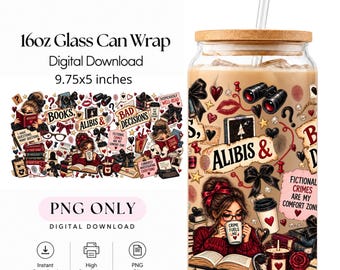 Puede incluir: Un vaso de cristal de 16oz con tapa de bambú y pajita transparente, con un diseño que incluye ilustraciones de libros, prismáticos, tazas de café y textos como Alibis & Bad Decisions y Fictional Crimes Are My Comfort Zone.