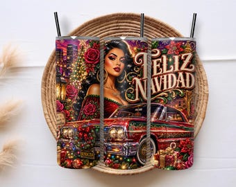 Feliz Navidad Tumbler Wrap PNG, 20oz Skinny Tumbler Sublimation, Latina Christmas Car Design, Spanish Holiday Digital Download