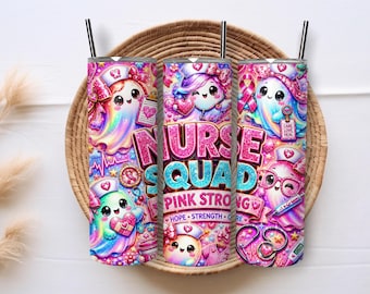 Breast Cancer Nurse 20oz Skinny Tumbler Wrap PNG, Pink Ribbon Nurse Squad Sublimation, Pink Strong Awareness Digital Download
