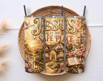 Christian Faith 20oz Skinny Tumbler Sublimation PNG Wrap, Jesus Safe Place Floral Religious Digital Download, Bible Inspired Design
