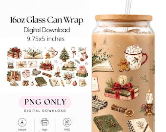 Puede incluir: Un archivo digital para vaso de 473 ml que mide 24,76x12,7 cm, con un patrón festivo de libros, galletas de jengibre, tazas de cacao, velas y follaje. El diseño incluye un vaso transparente con tapa de bambú y pajita.