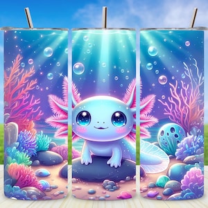 Könnte beinhalten: Edelstahlbecher mit einem Cartoon-Axolotl-Design. Die Illustration zeigt einen hellblauen Axolotl mit rosa Kiemen in einer Unterwasserumgebung mit Korallen, Blasen und einem blauen Ozeanhintergrund. Der Becher hat einen silbernen Strohhalm.