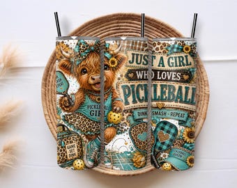 Pickleball Girl Highland Cow 20oz Skinny Tumbler Wrap PNG, Funny Pickleball Sublimation Design, Leopard Sporty Cow Digital Download