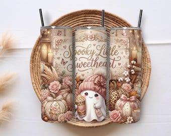 Spooky Little Sweetheart 20oz Tumbler Wrap PNG, Ghost Sublimation Design, Pink Halloween Skinny Tumbler Digital Download
