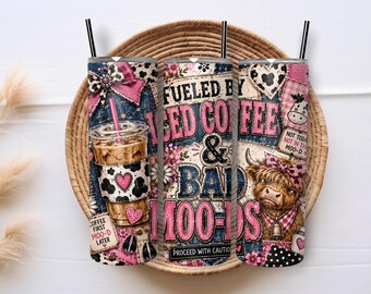 Iced Coffee Cowgirl 20oz Skinny Tumbler Wrap PNG, Pink Cow Western Sublimation, Cowhide Farmhouse Coffee Digital Download
