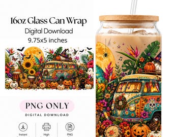 Puede incluir: Una descarga digital para vaso de 16oz que mide 9,75x5 pulgadas, con un gráfico colorido de una furgoneta decorada, calabazas, girasoles, flores tropicales y fantasmas. El diseño incluye un vaso transparente con tapa de bambú y pajita.