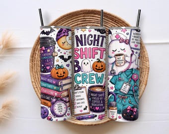 Halloween Night Shift Nurse 20oz Skinny Tumbler Wrap PNG, Spooky RN Medical Sublimation Design, Nurse Coffee Tumbler Digital Download