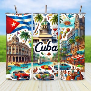 以下が含まれることがあります： キューバのカラフルなイラストが描かれた、ステンレス製のトラベルタンブラー3個セット。各タンブラーには、キューバの国旗、象徴的な建物、クラシックカー、そして「Cuba」の文字など、異なるシーンが描かれています。タンブラーにはストローが付いています。
