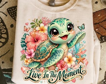 Live In Moment  Sea Turtle Hibiscus Flower Summer Tropical Celestial Ocean Art T-Shirt Png Sublimation Design Digital Download