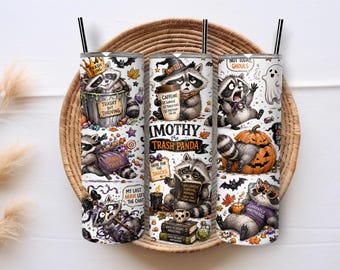 Funny Raccoon Halloween 20oz Skinny Tumbler Wrap PNG, Trash Panda Sublimation Design, Spooky Fall Tumbler Digital Download