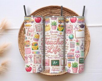 Teacher Life 20oz Tumbler Wrap PNG, Teacher Sublimation Design, Back to School Skinny Tumbler Digital Download