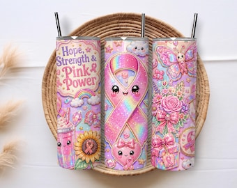 Breast Cancer Awareness 20oz Skinny Tumbler Wrap PNG, Pink Ribbon Hope Strength Sublimation, Butterfly Floral Digital Download