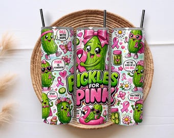 Breast Cancer Pickle 20oz Skinny Tumbler Wrap PNG, Pink Ribbon Pickle Sublimation, Cute Awareness Support Digital Download