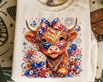 USA Highland Cow 4th of July Design, American Flag Cowgirl Bow Shirt PNG, Patriotic Animal Png Digital Download