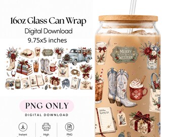 Puede incluir: Un archivo digital para vaso de 16oz que mide 9,75x5 pulgadas. El diseño presenta ilustraciones navideñas de estilo western, incluyendo botas de vaquero, un camión, arreglos florales, regalos y el texto Merry & Western.