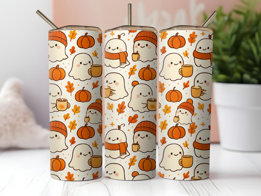 Kawaii Fall Ghost 20oz Skinny Tumbler Wrap PNG , Cute Spooky Halloween ...