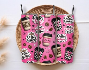 Coffee Queen 20oz Tumbler Wrap PNG, Cute Coffee Lover Sublimation Design, Pink Coquette Coffee Cup Skinny Tumbler Digital Download
