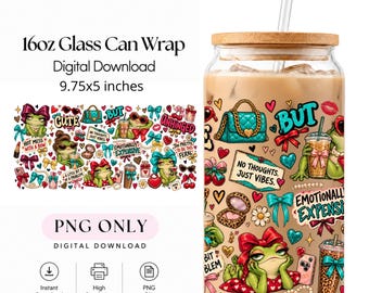 Puede incluir: Un vaso de cristal de 16oz con tapa de bambú y pajita transparente, con un diseño colorido de ranas, bolsos, lazos, corazones y textos como "NO THOUGHTS. JUST VIBES." y "EMOTIONALLY EXPENSIVE." La descarga digital mide 24,77x12,7 cm.