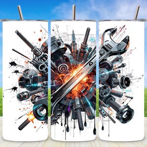 May include: White tumbler featuring a detailed illustration of various mechanical tools and components, including wrenches, bolts, and gears. The design incorporates a dynamic, exploded view with a central burst of orange and blue light, suggesting energy and action. The tumbler has a silver straw.