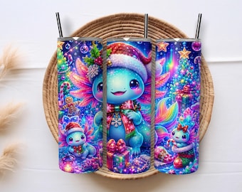 Christmas Axolotl 20oz Skinny Tumbler Wrap PNG, Kawaii Holiday Axolotl Sublimation, Cute Winter Digital Download