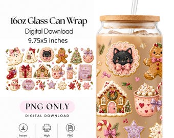 Puede incluir: Una descarga digital para vaso de 473 ml que mide 24,77x12,7 cm, con un patrón festivo de un gato negro, hombre de jengibre, casa de jengibre, bastones de caramelo y galletas navideñas en un vaso de vidrio con tapa de bambú.