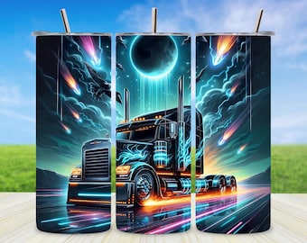 Truck Tumbler Wrap Semi Truck Big Rig Neon Diesel Design Sublimation PNG 20oz Skinny Cup Wrap Digital Download Trucker Gift for Men
