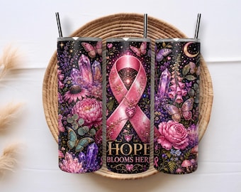 Pink Ribbon Hope Tumbler Wrap PNG, Breast Cancer Awareness 20oz Skinny Sublimation Design, Floral Butterfly Digital Download