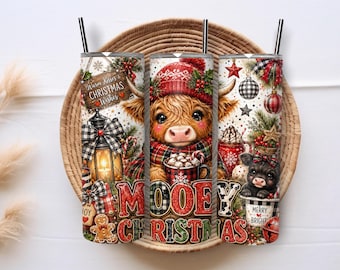 Highland Cow Christmas Tumbler Wrap PNG, Merry Moo 20oz Skinny Sublimation Design, Buffalo Plaid Farmhouse Holiday Digital Download