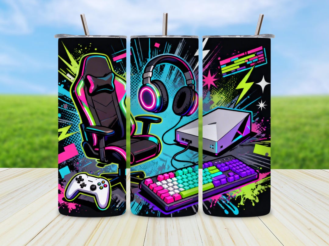 Gaming Retro Gamer Neon Controller Game Room 20oz Skinny Tumbler Wrap ...