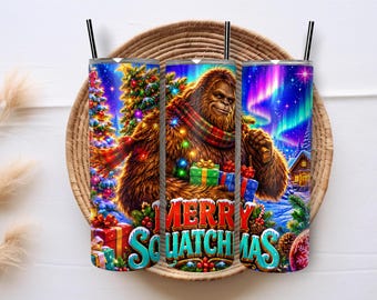 Merry Squatchmas 20oz Skinny Tumbler Wrap PNG, Christmas Bigfoot Sasquatch Sublimation, Northern Lights Holiday Digital Download