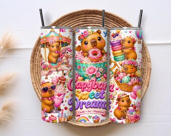 Cute Capybara Kawaii Donut Bear Tumbler Wrap PNG, 20 oz Skinny Tumbler Sublimation Design,  Candy Carousel Digital Download