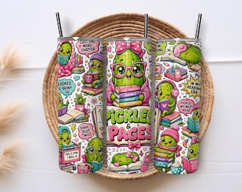 Pickle Book Lover Tumbler Wrap PNG, Pickles & Pages 20oz Skinny Sublimation Design, Funny Reading Gift Digital Download