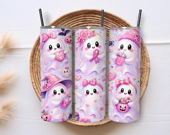 Pink Ghost Breast Cancer 20oz Skinny Tumbler Wrap PNG, October Awareness Sublimation, Pink Ribbon Halloween Digital Download