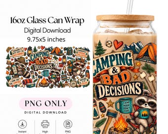 Puede incluir: Un vaso de cristal de 473 ml con tapa de bambú y pajita transparente, con un diseño colorido de mapaches, equipo de acampada y el texto Camping & Bad Decisions. El archivo de descarga digital mide 24,77x12,7 cm e incluye varios motivos al aire libre.