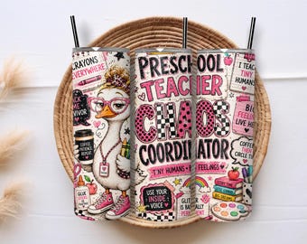 Preschool Teacher 20oz Skinny Tumbler Wrap PNG, Chaos Coordinator Tiny Humans Sublimation, Pink Classroom Teacher Digital Download