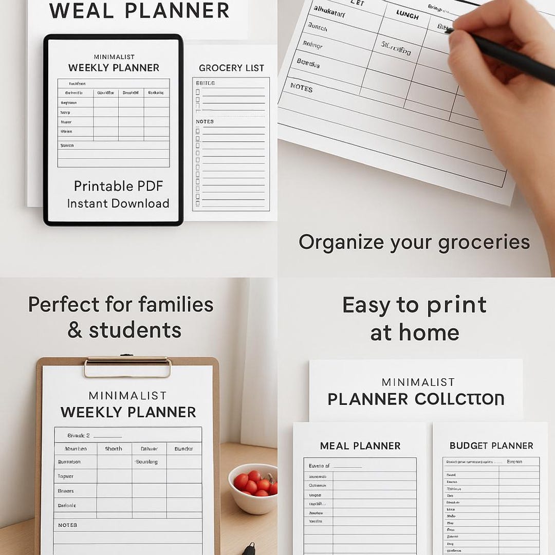 Minimalist Weekly Meal Planner | Printable PDF | Grocery List & Notes ...
