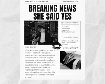 She Said Yes Engagement Invitation – Editable Newspaper Canva Template