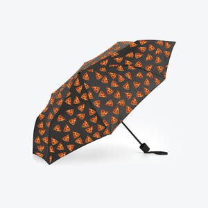 May include: Black umbrella with a repeating pattern of pizza slices in red, orange, and yellow. The umbrella is open, displaying the pizza slice design. The handle is black with a black wrist strap. The umbrella is a fun accessory for pizza lovers.